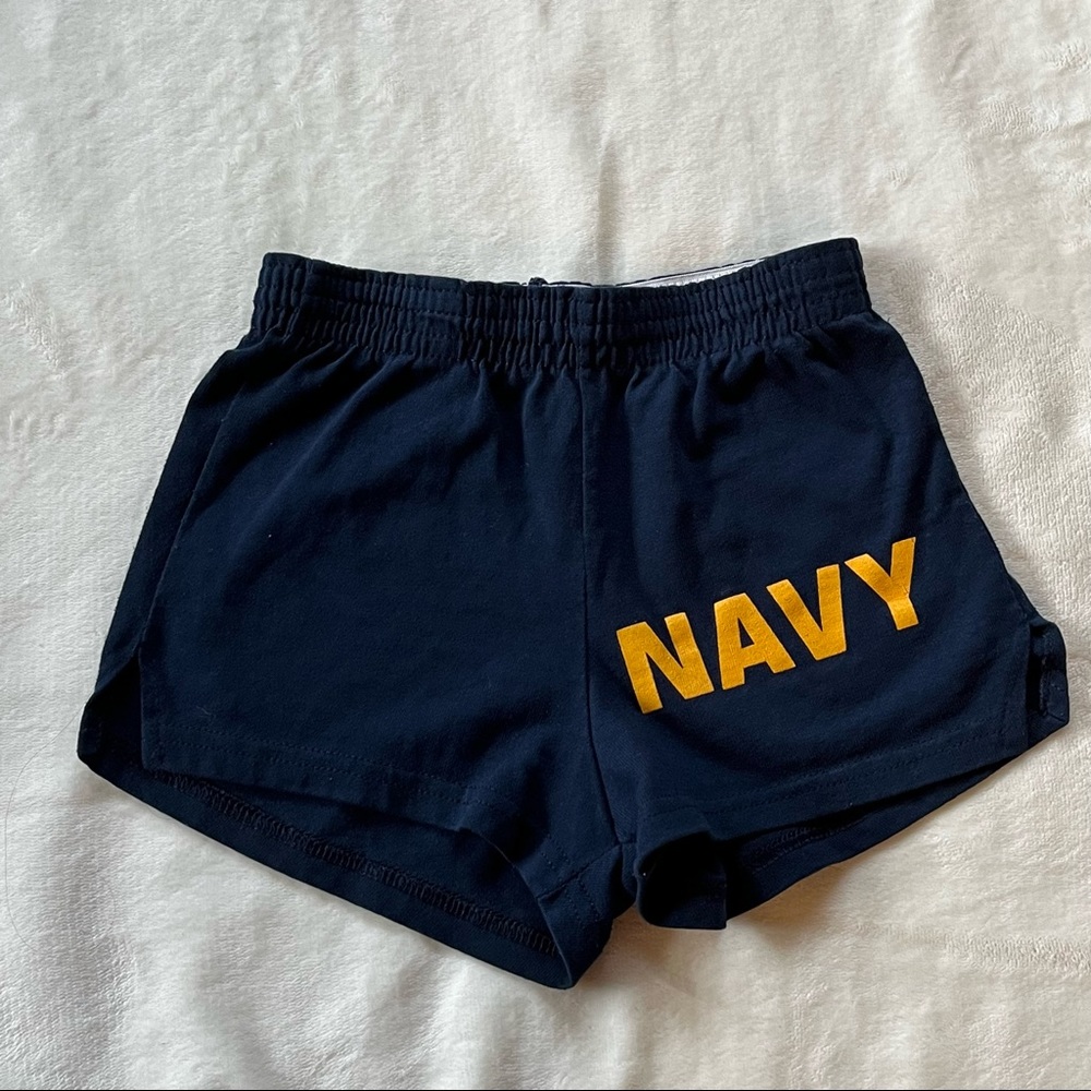 Soffe Kids Size Small (8) Athletic Shorts Navy Blue with Yellow ‘Navy’ Letters